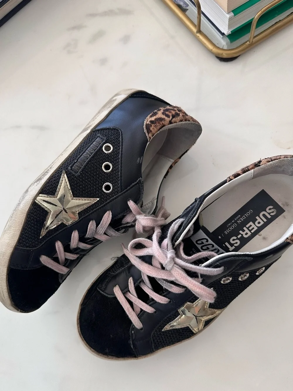 Golden Goose Superstar black leather and mesh upper golf star leopard back size